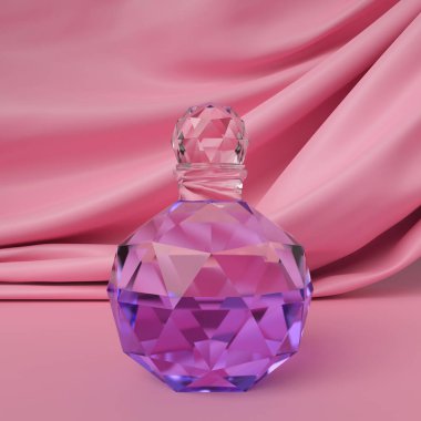 Küresel çokyüzlü cam bir şişedeki parfüm. 3 boyutlu görüntüleme. Pembe bir arka planda pembe kumaşlı bir tuvalet..