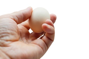 Beyaz tavuk yumurtası yakın planda. İzole edilmiş. Hafif arka planda bir adamın elinde bir yumurta..