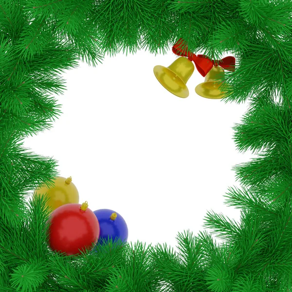 Weihnachtskranz aus verflochtenen grünen Fichtenzweigen, gelben Glocken und einer roten Kugel. 3D-Rendering. Isoliert. — Stockfoto