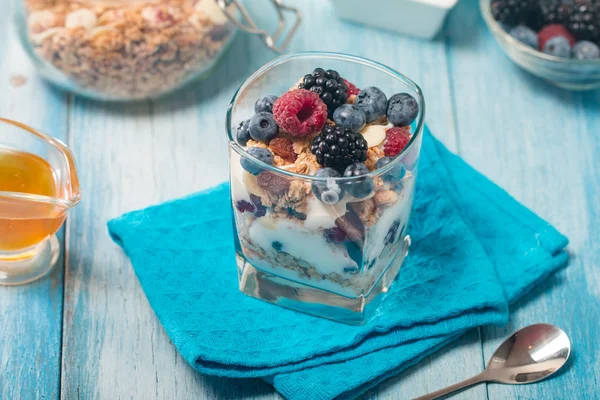 Миска мюсли и йогурта со свежими ягодами — стоковое фото