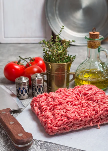 Carne macinata con condimento e timo fresco — Foto Stock