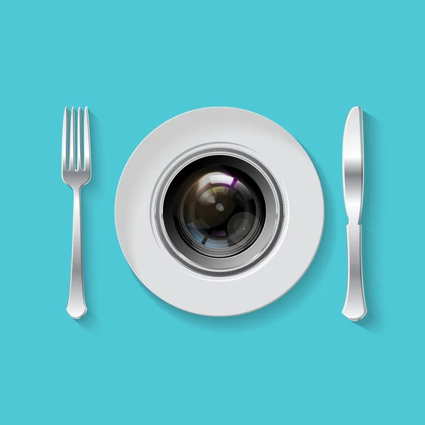 Obiettivo fotocamera con forchetta e coltello — Vettoriale Stock