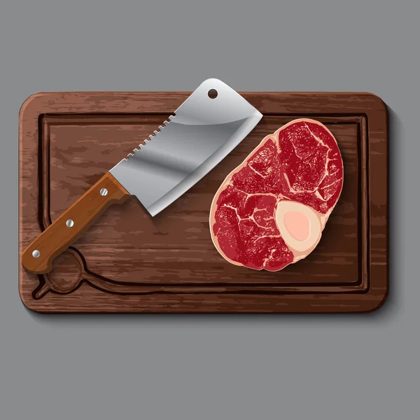 Реалистичная деревянная доска, мясо и нож — стоковый вектор