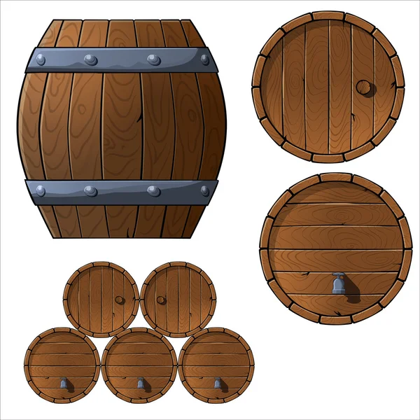 Conjunto de barriles y cajas de madera . — Vector de stock