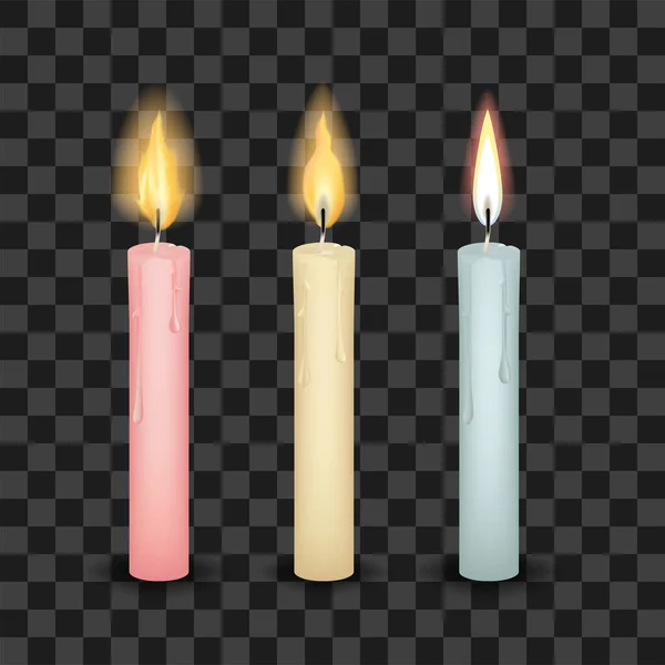 Set van drie brandende hoge kaarsen — Stockvector