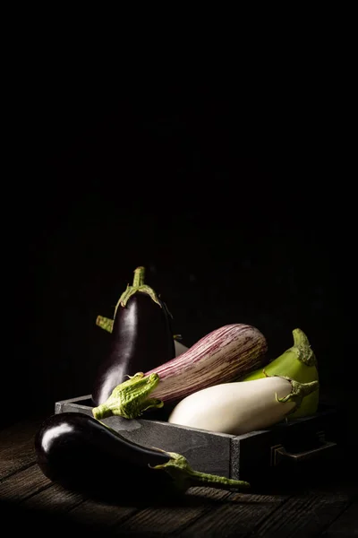 Renkli Patlıcan Solanum Melongena Koyu Kırsal Arka Planda Patlıcan Karışımı — Stok fotoğraf