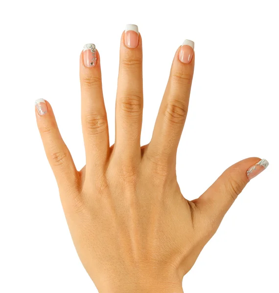 Красивые женские руки с французским маникюром изолированы на белом — стоковое фото