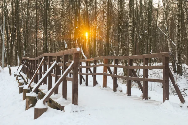 Kładka dla pieszych na snowy parku na zachodzie słońca — Zdjęcie stockowe