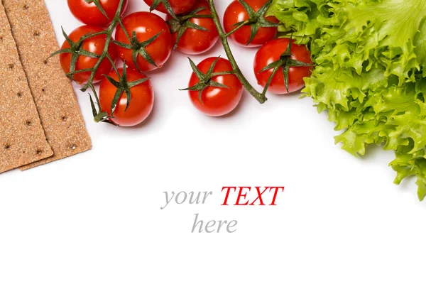 Lettuce, tomatoes and rye bread on white background — Stock Photo, Image