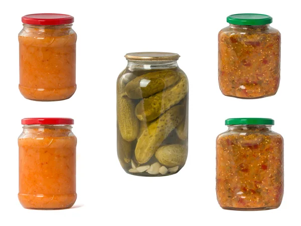 Колекційний набір консервованих овочів у скляних банках ізольовані на — стокове фото