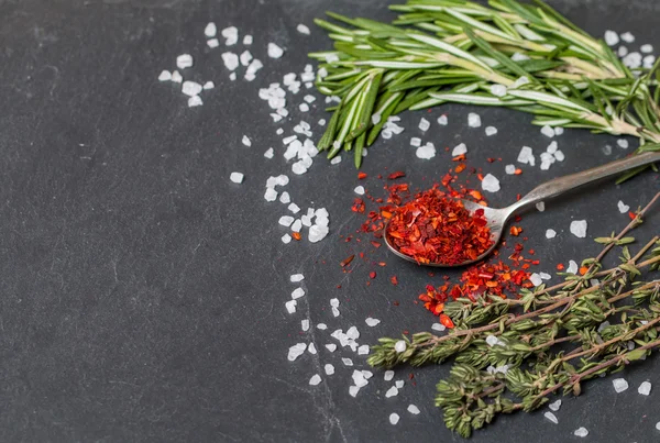 Spoons with hot pepper and herbs on  black — Stock Photo, Image