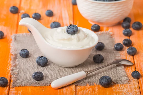 Weiße Schüssel mit Joghurt und Blaubeeren — Stockfoto
