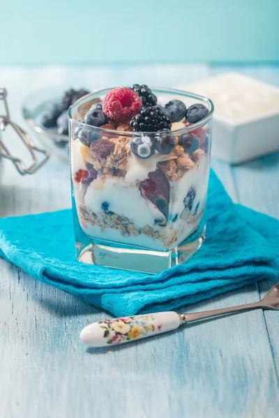 Миска з мюслі та йогурту зі свіжими ягодами — стокове фото
