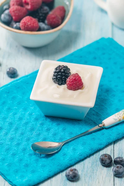 Bowl of fresh mixed berries and yogurt — Stock Photo, Image
