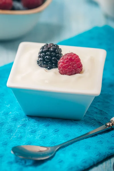 Schüssel mit frischen gemischten Beeren und Joghurt — Stockfoto