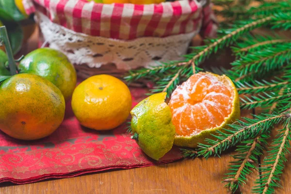 Tangerines in plate and Branch of Coniferous — Stock Photo, Image
