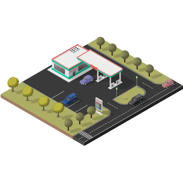 Set de iconos isométricos que representan una pequeña gasolinera — Archivo Imágenes Vectoriales