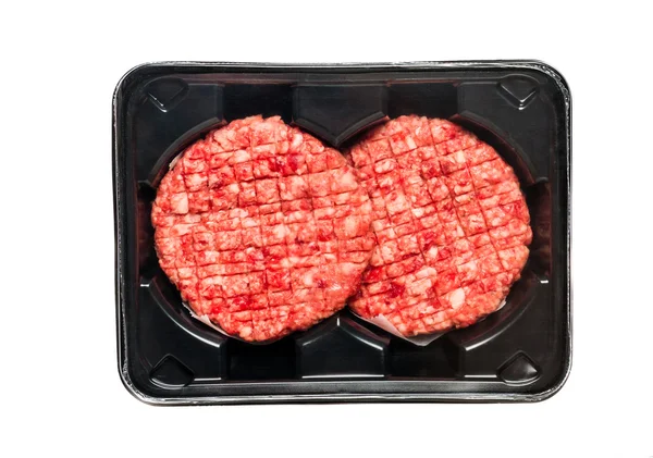 Raw Beef Burgers In A Packaging Tray — Stok Foto