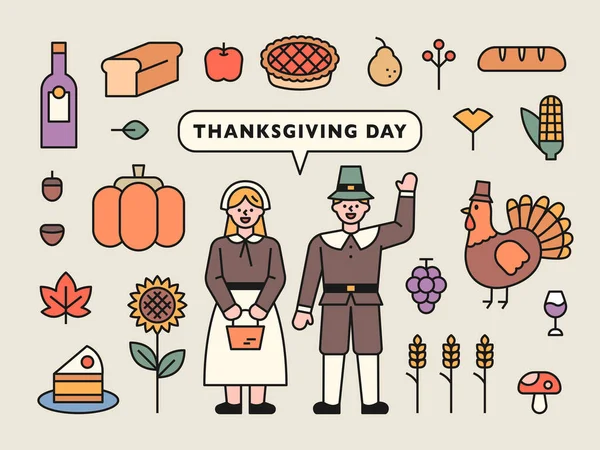 Les Personnages Masculins Féminins Vêtements Traditionnels Saluent Collection Icônes Thanksgiving — Image vectorielle