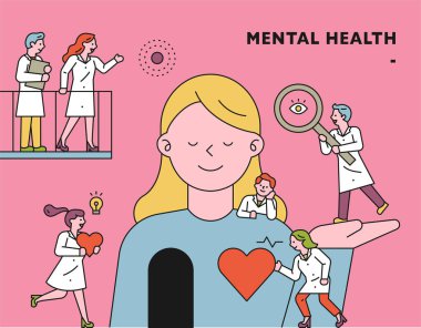 Küçük doktorlar büyük bir insan hakkında araştırma yapıyorlar. düz tasarım biçimi asgari vektör çizimi.