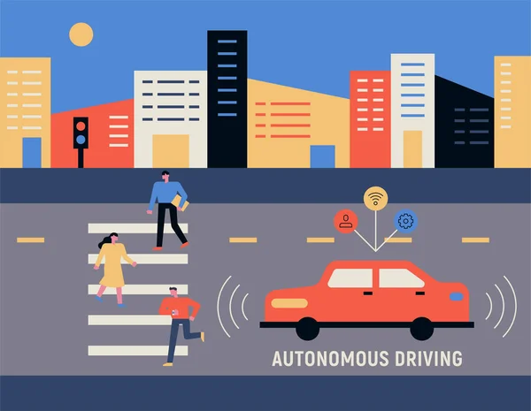 様々なデジタル技術や車 人々は横断歩道を横断しており 車のデジタル技術によって検出されています フラットデザインスタイル最小ベクトルイラスト — ストックベクタ