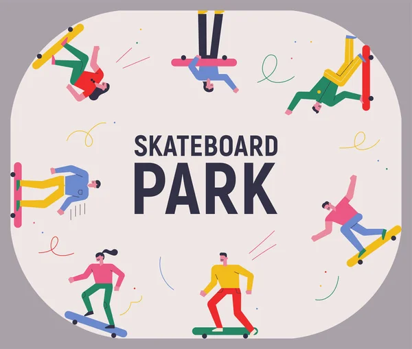 Skate Park People Riding Skateboards Fit Circular Frame Flat Design — Stock Vector