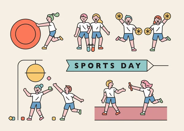 School Sports Day Cute Students Playing Various Games Flat Design — Stock Vector