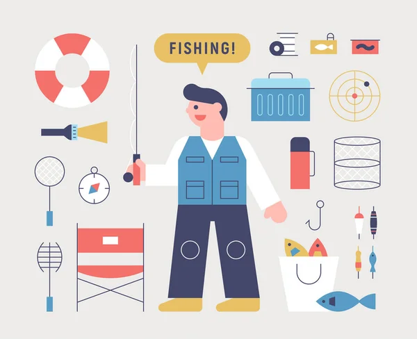Рибальські Люди Рибальське Спорядження Стиль Плоского Дизайну Мінімальна Векторна Ілюстрація — стоковий вектор