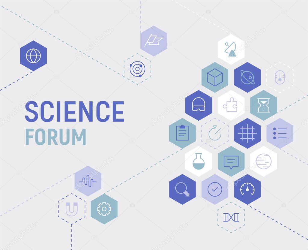 Science Forum Poster. Science icons in a hexagonal frame. flat design style minimal vector illustration.