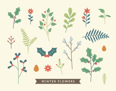  Noel kartı süsü desen koleksiyonu bırakır. düz tasarım biçimi asgari vektör çizimi.