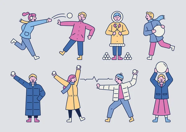 Los Niños Están Jugando Haciendo Bolas Nieve Diseño Plano Estilo — Archivo Imágenes Vectoriales