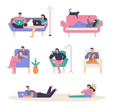 İnsanlar koltukta oturup telefonlara ya da laptoplara bakıyorlar. düz tasarım biçimi asgari vektör çizimi.