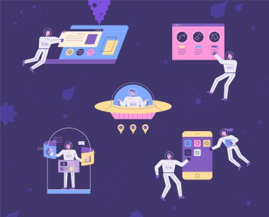 Uzay adamı karakterleri internet araçlarıdır. Dizüstü bilgisayarlar, web sayfaları, sanal gerçeklik, mobil ekranlar ve astronotlar uzayda yüzüyor. düz tasarım biçimi asgari vektör çizimi.