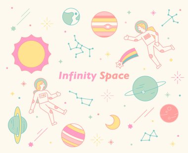 Astronotlar huzursuz bir evrende yüzüyorlar. Güzel duvar kağıdı deseni. düz tasarım biçimi asgari vektör çizimi.