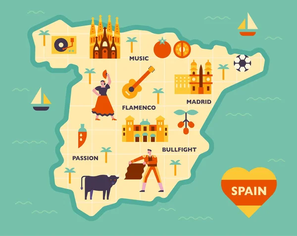 Composição Ícones Culturais Mapa Espanhol Design Plano Estilo Mínimo Vetor —  Vetores de Stock