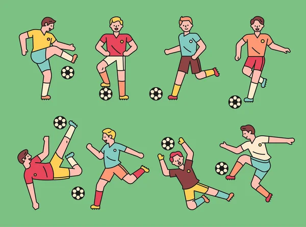 Lindo Juego Personajes Jugador Fútbol Varias Poses Para Las Posiciones — Vector de stock