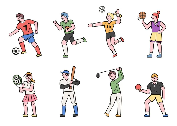 Una Colección Personajes Deportistas Con Uniformes Diseño Plano Estilo Mínima — Archivo Imágenes Vectoriales