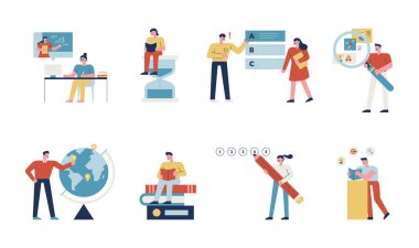 Öğrenciler büyük nesnelerle ilgili çalışmalar yapıyorlar. düz tasarım biçimi asgari vektör çizimi.