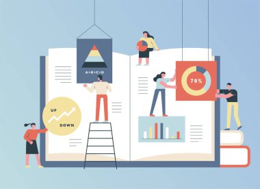 İnsanlar büyük bir kitap yayıyor ve grafiklerle birlikte sayfalar çiziyorlar. düz tasarım biçimi asgari vektör çizimi.