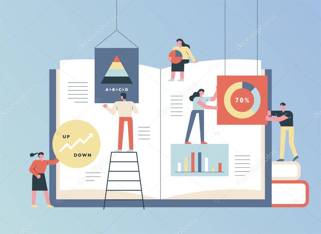 People are spreading a huge book and plotting pages together with graphs. flat design style minimal vector illustration.