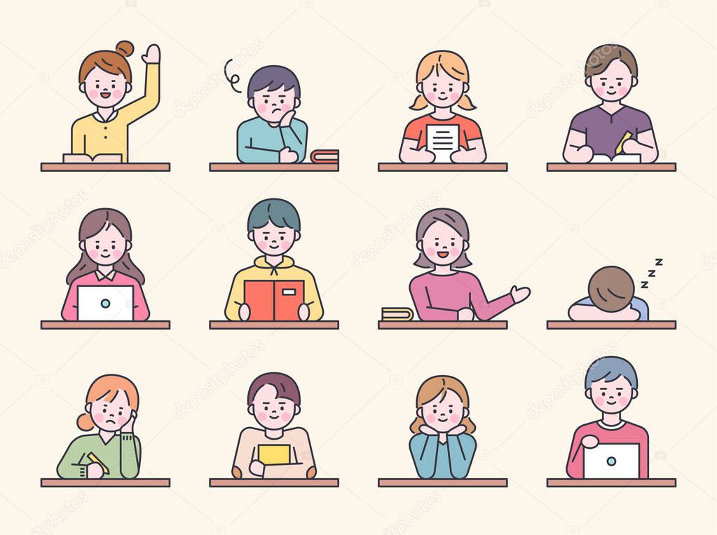  Students sitting at desks in school class. Each one is doing different things. flat design style minimal vector illustration.