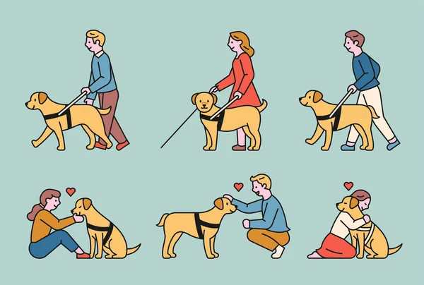 盲導犬と彼の助けを借りて歩く視覚障害者 彼らは友情を結んでいる フラットデザインスタイル最小ベクトルイラスト — ストックベクタ