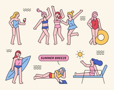 Genç kadınlar plajda oynuyorlar. Tatile çıkmaktan mutlu olan insanlar. düz tasarım biçimi asgari vektör çizimi.