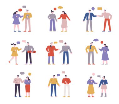İki kişi buluşup konuşuyor. Çeşitli stillerdeki basit karakterler birbirleriyle tanışıp konuşurlar. düz tasarım biçimi asgari vektör çizimi.