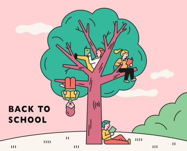 Büyük ağaçlar ve kitap okuyan insanlar. Eğitim konsepti posteri. düz tasarım biçimi asgari vektör çizimi.