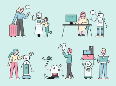 Günlük hayatta robot teknolojisi. Gelecekte robotlar ev işlerine yardım edecek. düz tasarım biçimi asgari vektör çizimi.