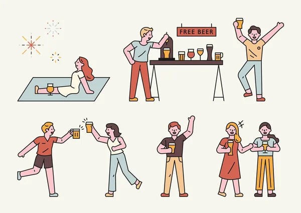 Festival Bière Été Les Gens Font Une Fête Avec Des — Image vectorielle