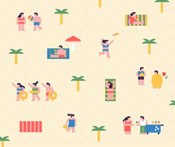 ビーチの人々は休暇を楽しんでいます シンプルなキャラクターがビーチの背景のパターンのように配置されています フラットデザインスタイル最小ベクトルイラスト — ストックベクタ