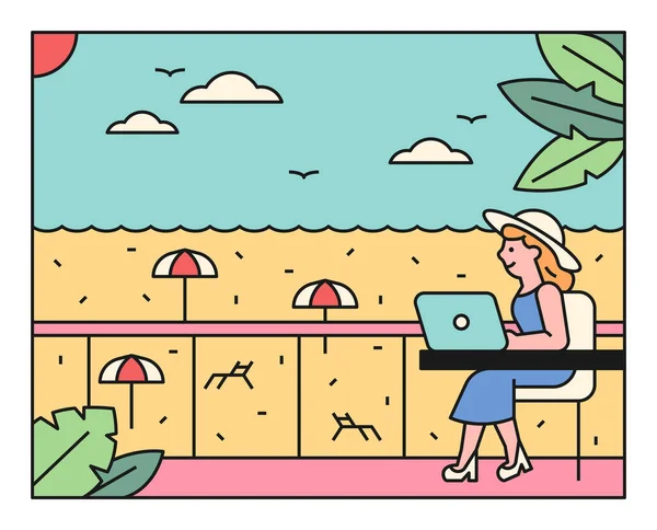 ビーチで休暇中の女性 シンプルなラインのビーチの背景にノートパソコンを開いてテーブルに座っている女性 フラットデザインスタイル最小ベクトルイラスト — ストックベクタ