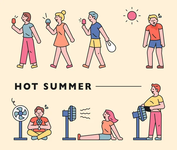 炎热的夏天和人们 人们买冰激凌 坐在扇子前被风吹倒 平面设计风格最小矢量插图 — 图库矢量图片